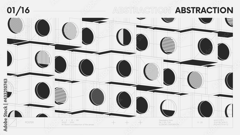Abstract modern geometric banner with simple shapes in black and white colors, graphic composition design vector background, modular pattern of cubes and circles, 3d details architectural illustration