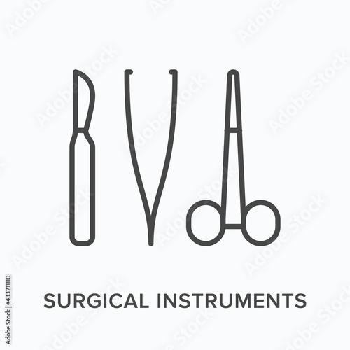Surgical instruments flat line icon. Vector outline illustration of scalpel, tweezers and forceps. Black thin linear pictogram for medical equipment