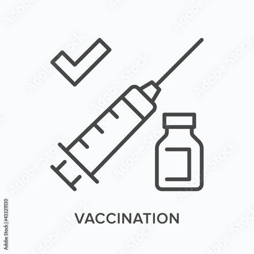 Vaccination flat line icon. Vector outline illustration of syringe and bottle. Black thin linear pictogram for medical injection