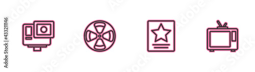 Set line Action extreme camera, Hollywood walk of fame star, Film reel and Retro tv icon. Vector