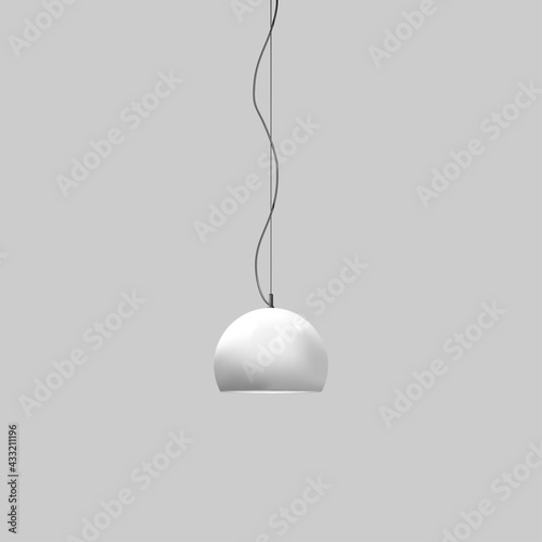 Hanging pendant lamp. Modern interior light. Chandelier with white glossy metal lampshade. Vector mock-up