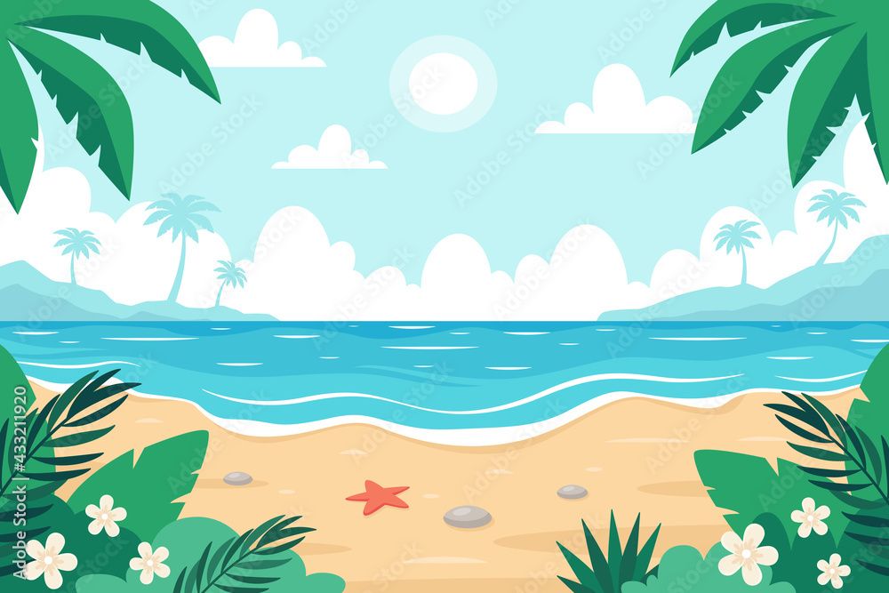Beach landscape. Seashore with starfish, palms and tropical plants. Vector illustration