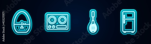 Set line Kitchen timer, Gas stove, whisk and Refrigerator. Glowing neon icon. Vector