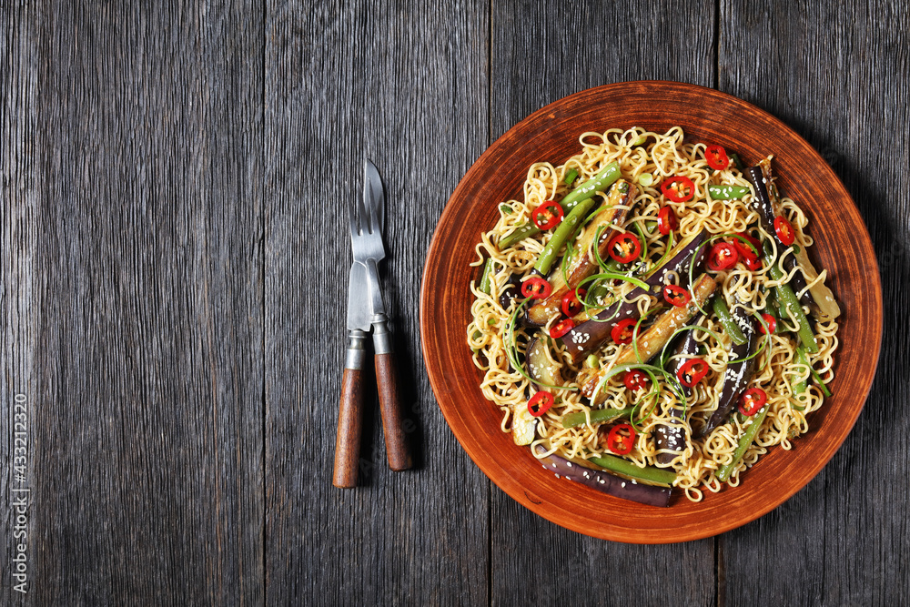 eggplant green bean noodle salad, top view eggplant green bean noodle salad, top view