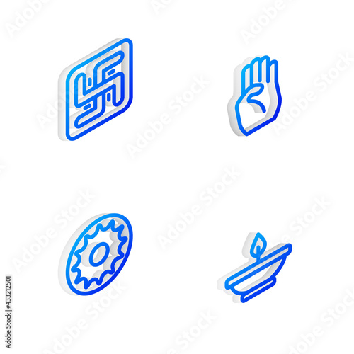 Set Isometric line Indian symbol hand, Hindu swastika, Chakra and Aroma lamp icon. Vector