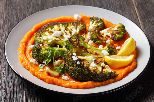grilled broccoli steaks with puree and feta