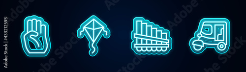 Set line Indian symbol hand, Kite, Pan flute and Taxi tuk tuk. Glowing neon icon. Vector