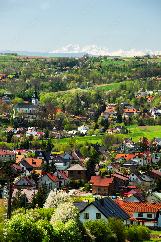 Tuchow, Poland Ciyscape with Tatra Mountains in Background. Spring Season