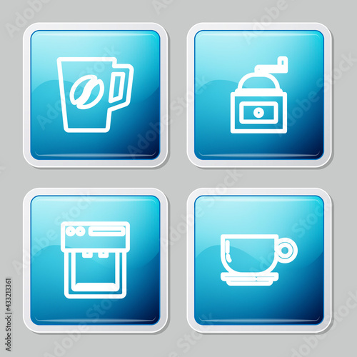 Set line Coffee cup, Manual coffee grinder, machine and icon. Vector