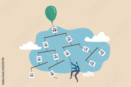 Career path or job opportunity, work promoted or development to be success in company concept, confidence businessman climbing rope from organization chart high up to CEO position.