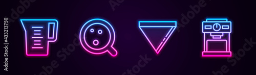 Set line Jug glass with water, Coffee cup, paper filter and machine. Glowing neon icon. Vector
