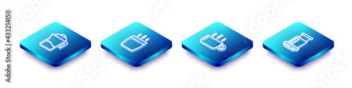Set Isometric line French press, Coffee cup, and Aeropress coffee icon. Vector