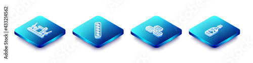 Set Isometric line French cafe, baguette bread, Macaron cookie and Bottles of wine icon. Vector