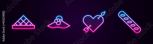 Set line Louvre museum, Elegant women hat, Amour with heart and arrow and French baguette bread. Glowing neon icon. Vector