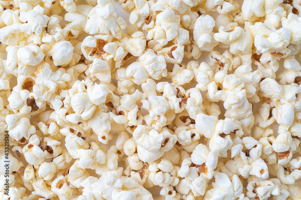 Popcorn on flat lay, background, texture.