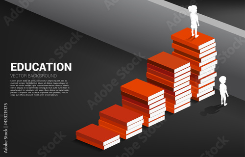 Concept background for power of knowledge. Silhouette of girl move to cross wall with step from book stack.