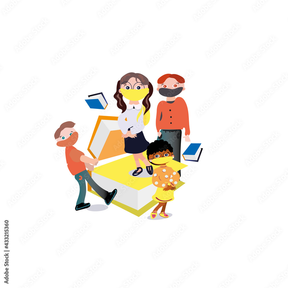 Illustration of a Group of Kids Looking with masks and books, backto school