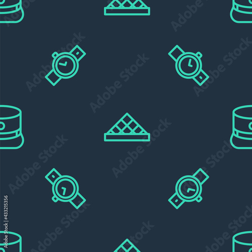 Set line Louvre museum, Wrist watch and Kepi on seamless pattern. Vector