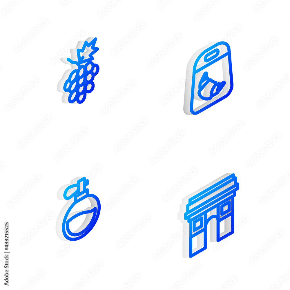 Set Isometric line Croissant package, Grape fruit, Perfume and Triumphal Arch icon. Vector Set Isometric line Croissant package, Grape fruit, Perfume and Triumphal Arch icon. Vector
