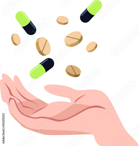 Medical supplies in hand. Tablets, Capsules, Vitamins in the palm of your hand.