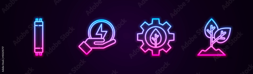 Set line Fluorescent lamp, Lightning bolt, Leaf plant gear machine and Plant. Glowing neon icon. Vector Set line Fluorescent lamp, Lightning bolt, Leaf plant gear machine and Plant. Glowing neon icon. Vector