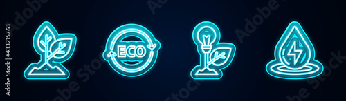 Set line Plant, Label for eco healthy food, Light bulb with leaf and Water energy. Glowing neon icon. Vector