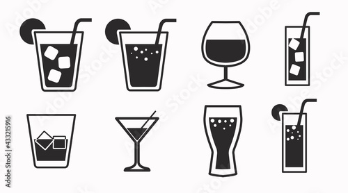 Drinks Icon Set. Vector isolated back and white set of different drinks