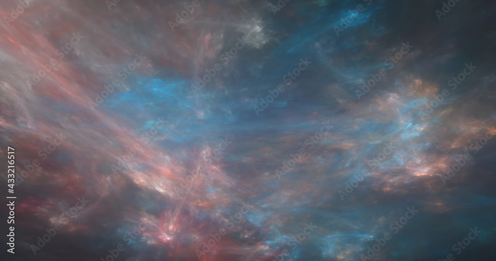 abstract light blue and red sky and dark clouds shining starry surface aerial texture fog on sky.