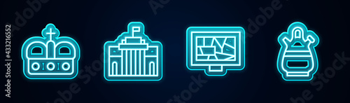 Set line Crown of spain, Prado museum, Picture art and Sangria pitcher. Glowing neon icon. Vector