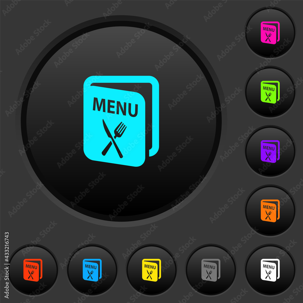 Menu with fork and knife dark push buttons with color icons Menu with fork and knife dark push buttons with color icons