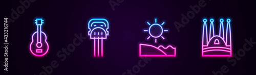 Set line Spanish guitar, Peineta, Beach and Sagrada Familia. Glowing neon icon. Vector