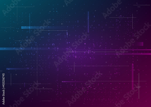 Abstract futuristic technology glitch background. Cyberspace with particles. Glitched sci fi trendy color digital backdrop. Design for web, promo, banner. Vector