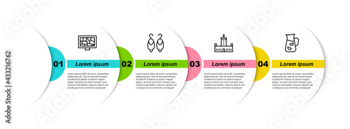 Set line Picture art, Earrings, Montjuic castle and Sangria. Business infographic template. Vector