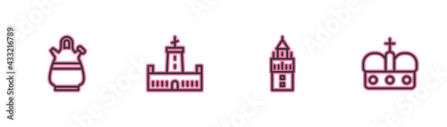 Set line Sangria pitcher, Giralda, Montjuic castle and Crown of spain icon. Vector