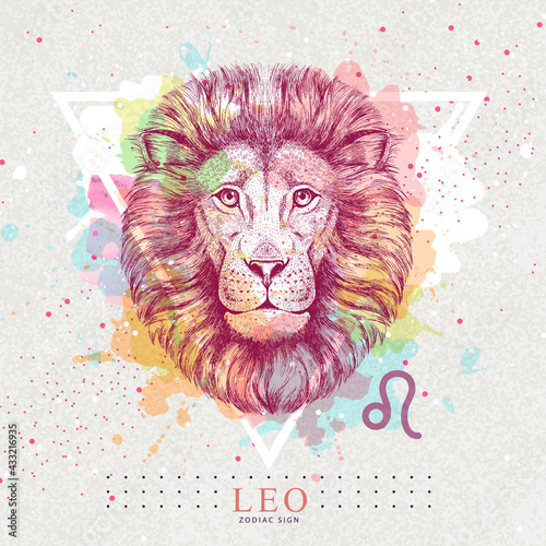 Modern magic witchcraft card with astrology Leo zodiac sign on artistic watercolor background. Realistic hand drawing lion head