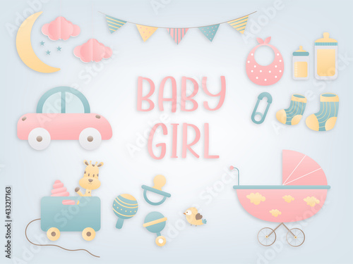 Newborn essentials collection. Must-haves for babies. Ultimate baby registry. Top nursery products. Baby shower best gifts. paper cut and papercraft style vector illustration.