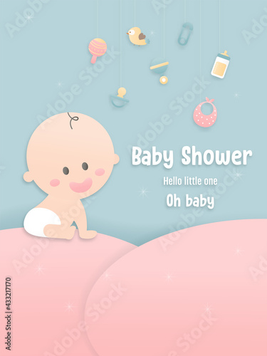 Vector illustration for baby boy shower card on blue background, Papercraft abstract origami cloud, baby and toys on blue sky, Cute papercraft and paper cut style.