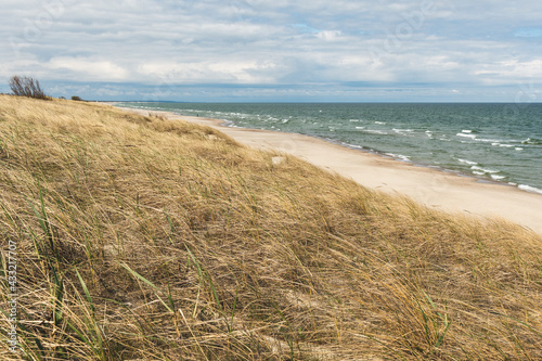 Fototapeta Naklejka Na Ścianę i Meble -  Beautiful rough blue sea with waves and sandy beach with reeds and dry grass among the dunes, travel in summer and holidays concept