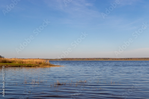 View of Lake Durbe with reeds in the foreground. Blue water and sky without clouds.