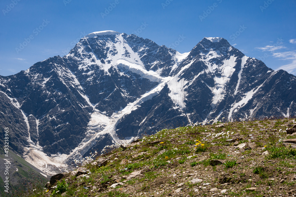 Glacier Seven of mount Donguz Orun from View of Mount Cheget, Kabardino Balkaria region. Russia. July.