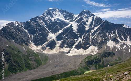 Glacier Seven on mount Donguz run. View from Mount Cheget, Kabardino Balkaria region. Russia. 3000 metres height.