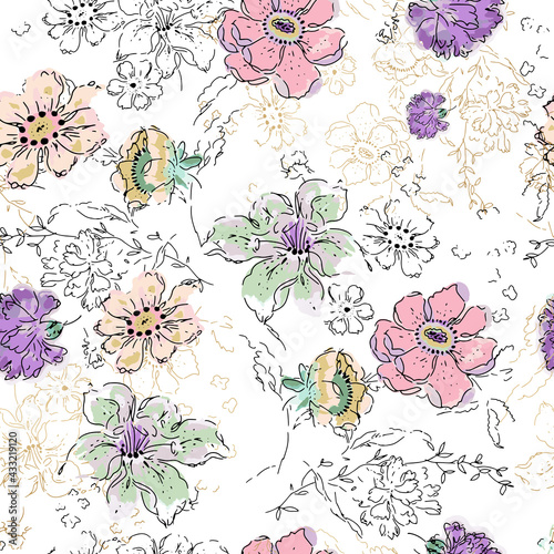 Gentle watercolor floral seamless print for fabric or packaging paper. Vintage style