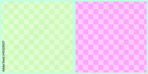Set of patterns in a cage. Checkered plaids in a green, pink cage on a white background. Seamless pastel backgrounds for tablecloths, dresses, skirts, napkins or other textile design. 