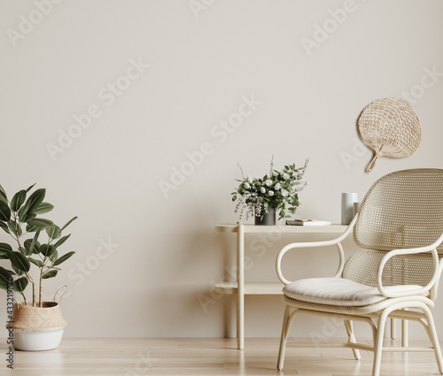 Home mockup, cozy beige minimalist interior background, Boho style, 3d render