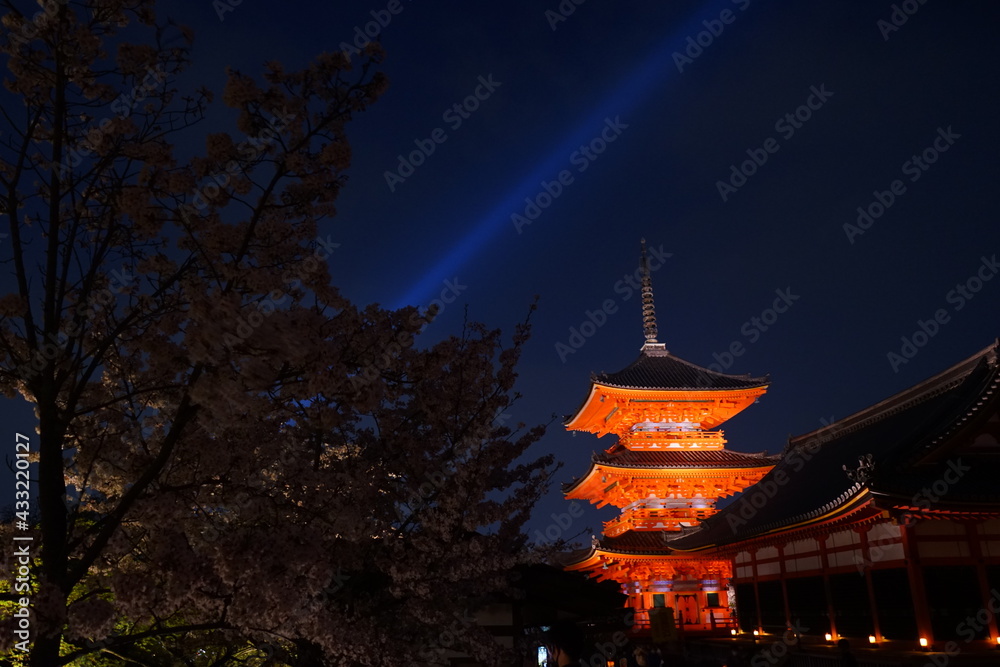 Obraz premium Three-story pagoda at Kiyomizu-dera Temple with Sakura, cherry blossoms at night in Kyoto prefecture, Japan - 日本 京都 清水寺 三重塔 夜景