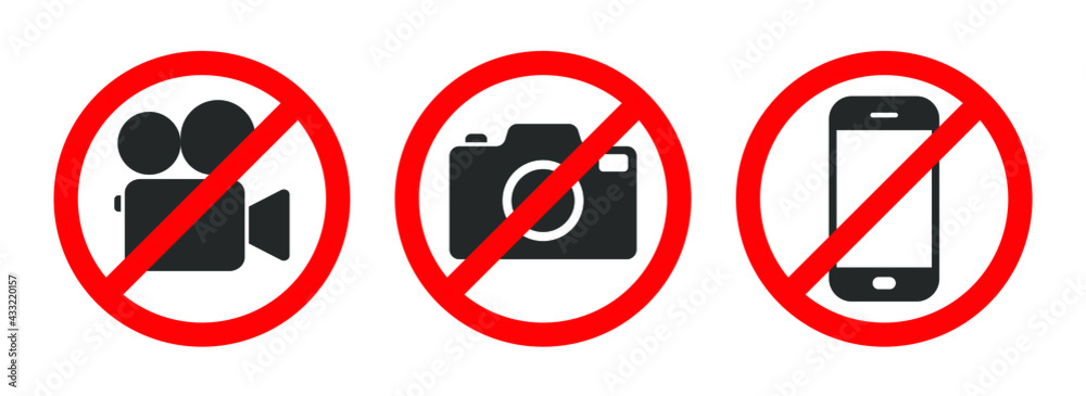 Photo, video and phone prohibition symbol sign set. No photographing and filming prohibit icon logo collection. Vector illustration image. Isolated on white background.
Photo, video and phone prohibition symbol sign set. No photographing and filming prohibit icon logo collection. Vector illustration image. Isolated on white background.