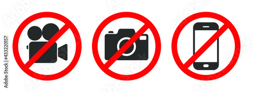 Photo, video and phone prohibition symbol sign set. No photographing and filming prohibit icon logo collection. Vector illustration image. Isolated on white background.
