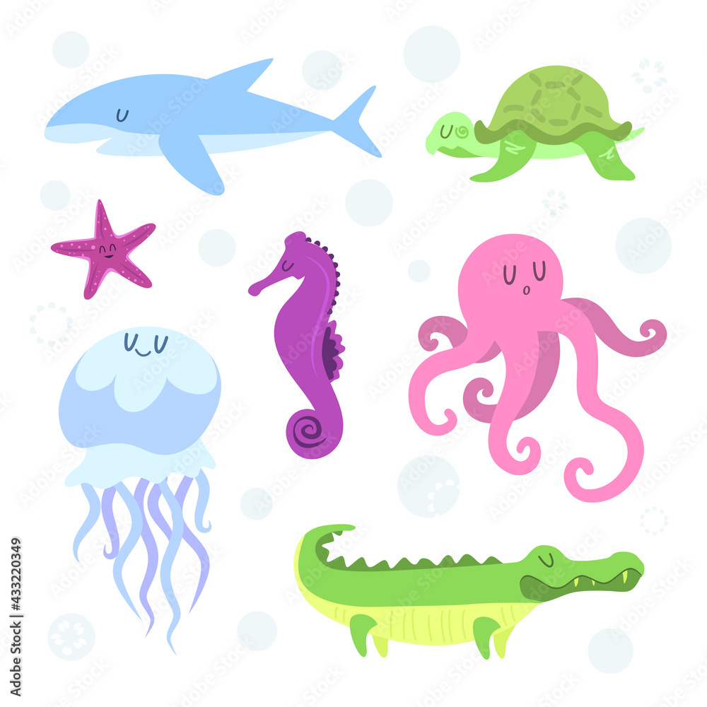 Naklejka premium Set of sea animals Stylized simplified animals of the ocean Shark turtle starfish seahorse jellyfish octopus Children's illustration Vector stock illustration White isolated background design template