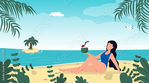 Woman in swimsuit summer vacation on tropical beach. Blue sea island resort. Summer vacation concept. Girl in bikini travel sea. Tropical island paradise. Palm leaves, ocean wave seaside.