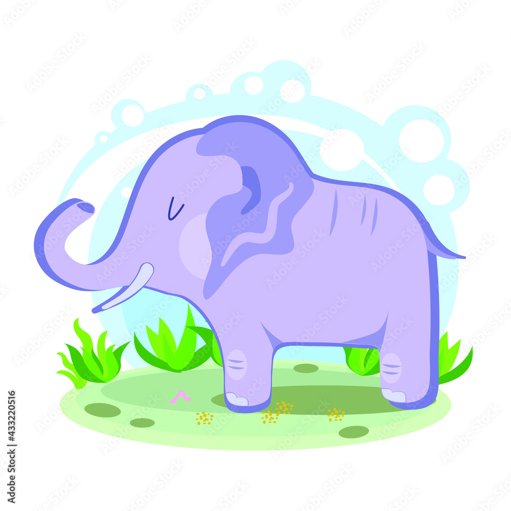 Cartoon gray elephant. Wild animal of Africa. Stylized character in the location. Glade with plants and sky. simplified style. Vector stock illustration. educational card for children. wildlife
